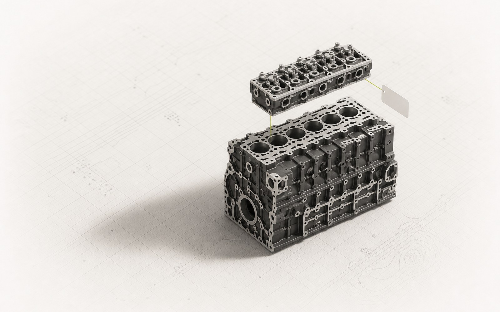 A miniature marine engine block with one lifted cylinder-head component.