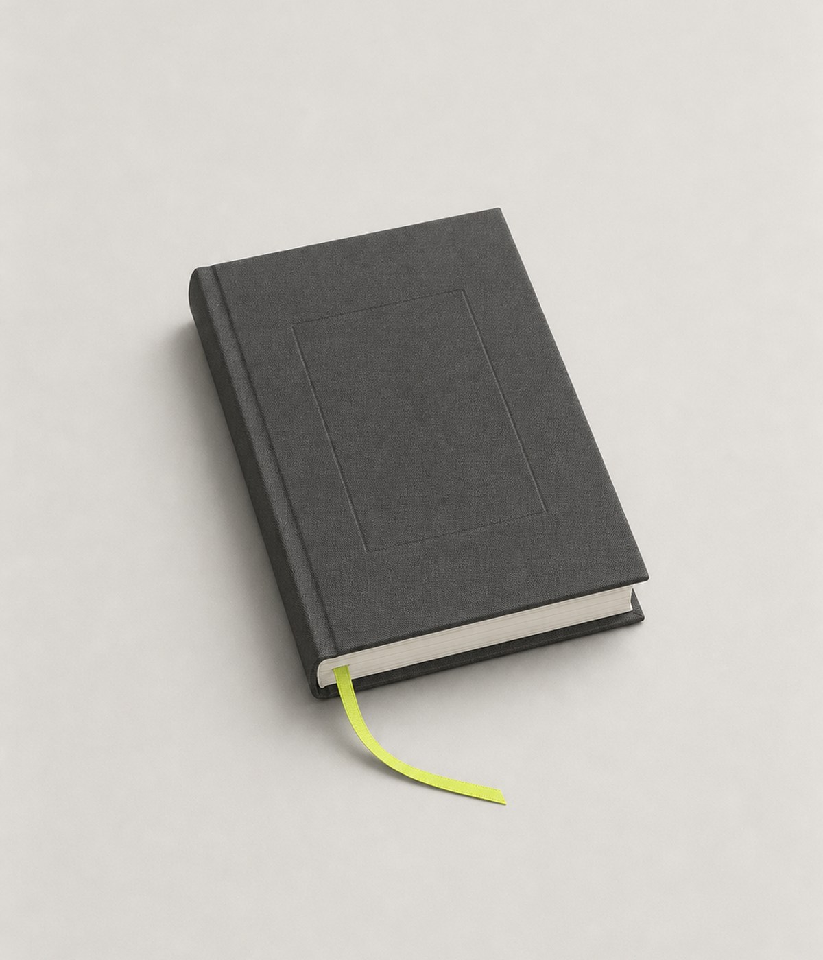 A graphite crew record book with a lime ribbon.