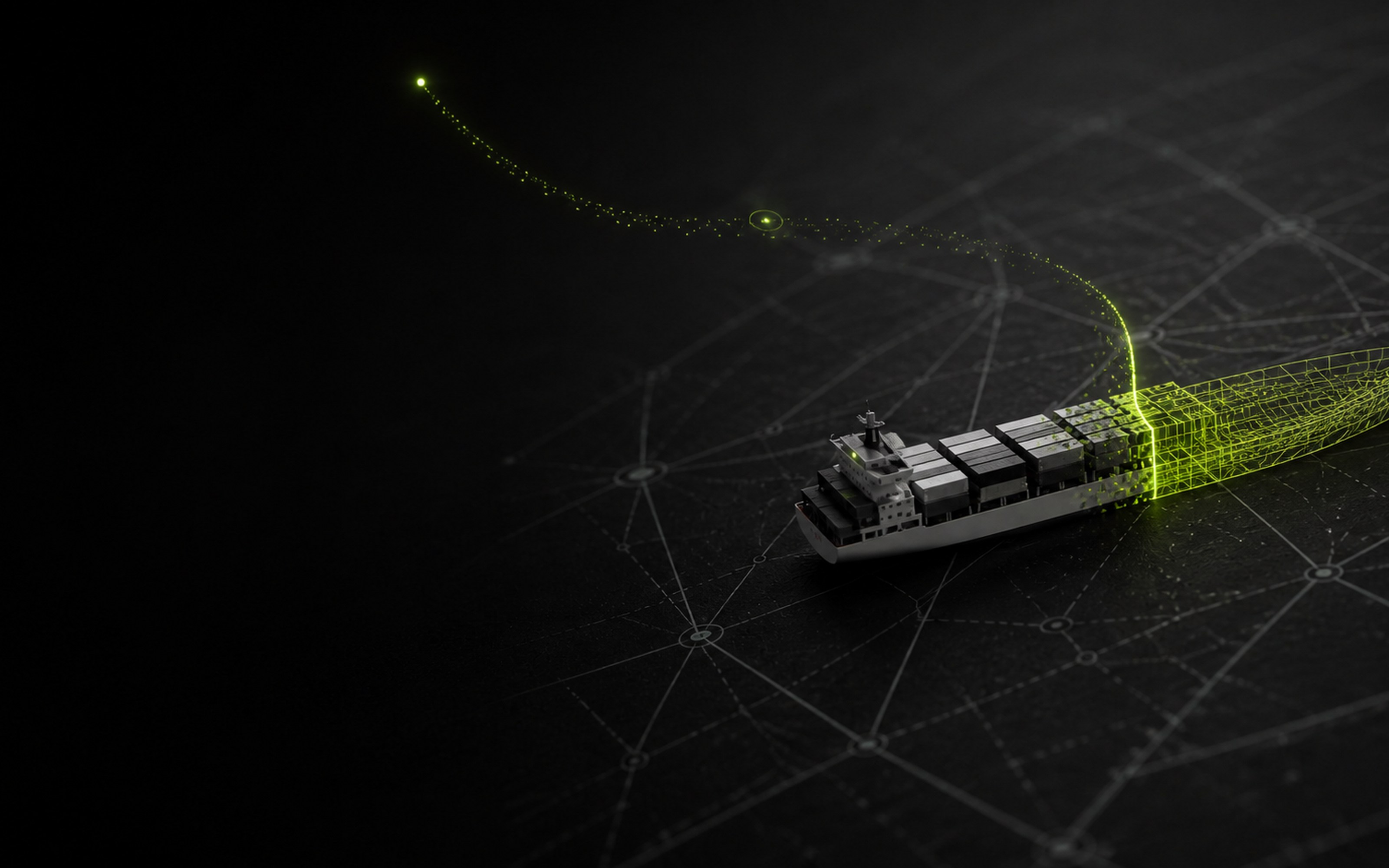 A container vessel transforming from a physical model into a lime wireframe.
