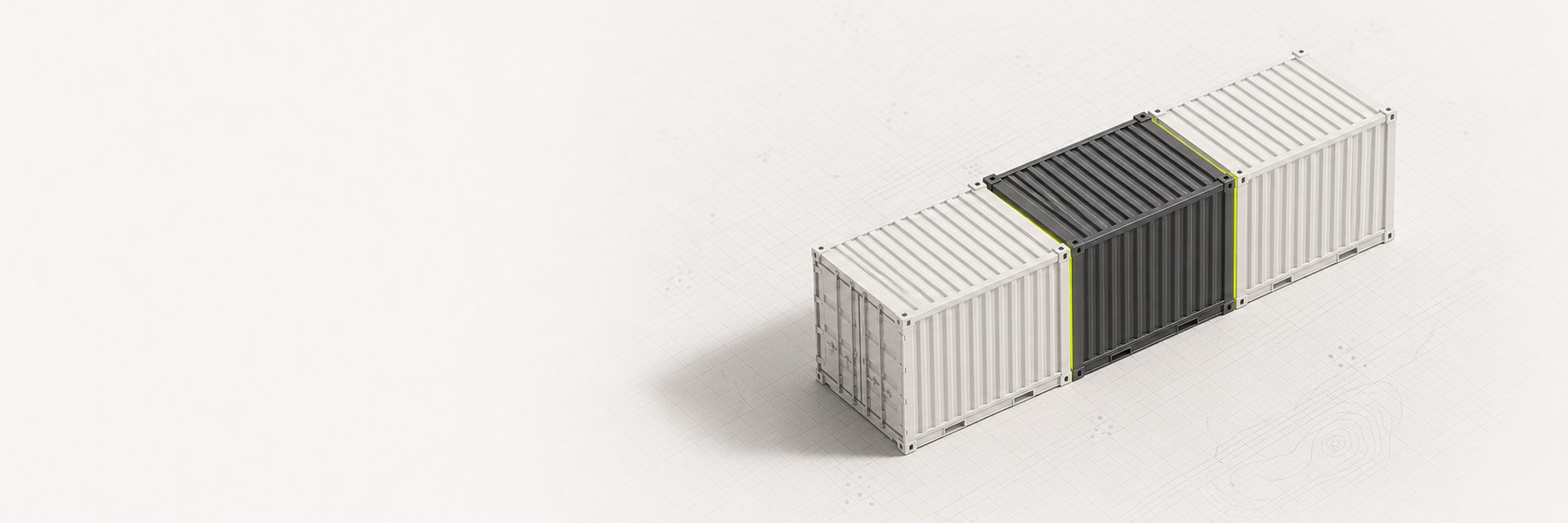 Three miniature shipping containers moving into alignment.