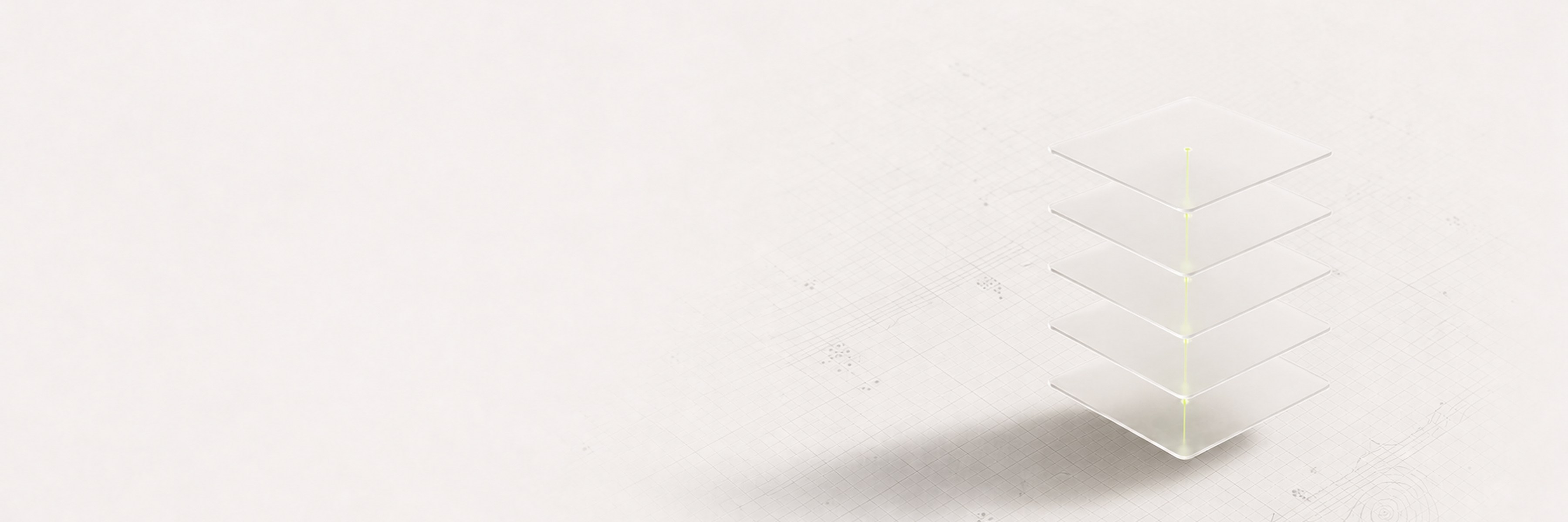 Five translucent plates threaded by a lime signal spine.